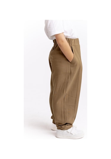 Unisex Paça Ve Belden Kapalı A Pile Keten Pantolon Caramel Caramel Kahverengi