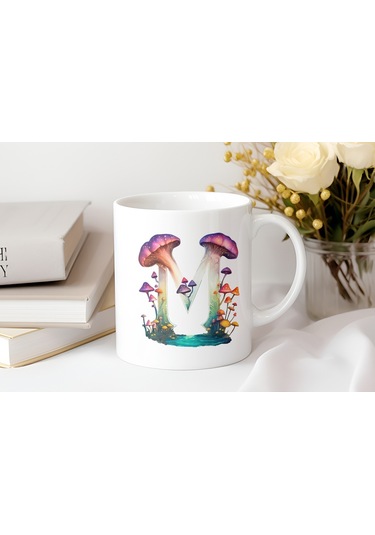 M Baş Harfi Fantastik Mantarlı Kupa Bardak - Kişiye Özel Masalsı Bardak - Hediye Beyaz