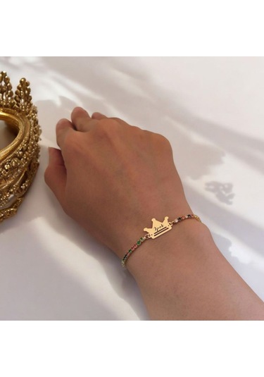 İpek İsmine Özel Taç Motifli 14 Ayar Altın Plakalı Renkli Taş Desenli Hediye Bileklik-489isim İpek