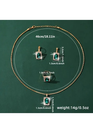 Kadın Vintage Kare Kuvars Saat Analog Ve Kolye+küpe+yüzük Takı S Yeşil