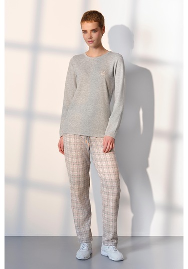 Doreanse Kadın Pembe Ekoseli Gri T-shirt Pijama Takımı 25k4043-standart Pembe