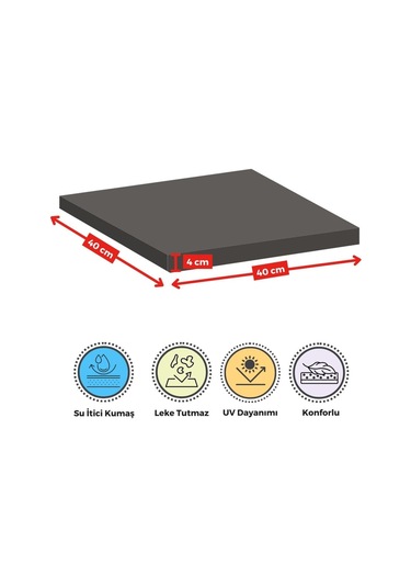 4'lı Sandalye Minderi Su İtici Kumaş 40x40 Cm Sünger Sandalye Minderi Bağcıklı Füme