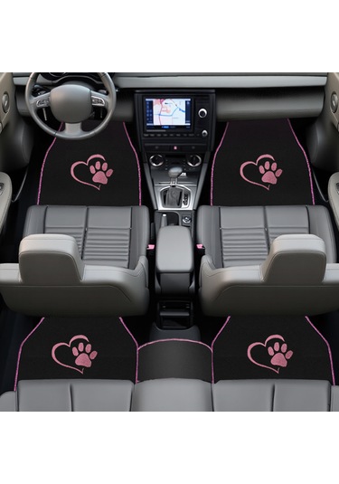 Sevgili Köpek Pati Desenli Pembe Nakışlı Araç Halı Paspas Seti Şık Ve Sevimli Oto Paspas Aksesuar