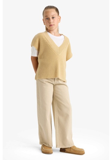 Defacto Kız Çocuk Oversize Geniş Kalıp V Yaka Triko Süveter F2625a825aubn300 Kahve