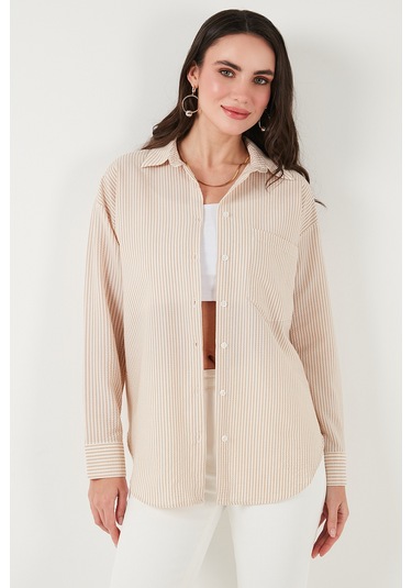 Lela Regular Fit Uzun Kollu Cepli Çizgili Bayan Gömlek 6772895 Taş