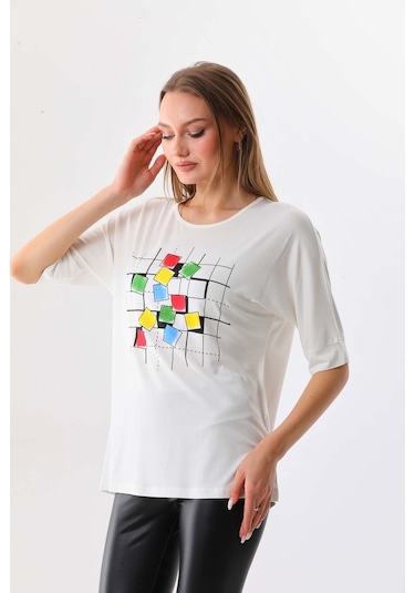 Sistas Kadın Kare Desenli Kısa Kol Bluz 23098 Ekru