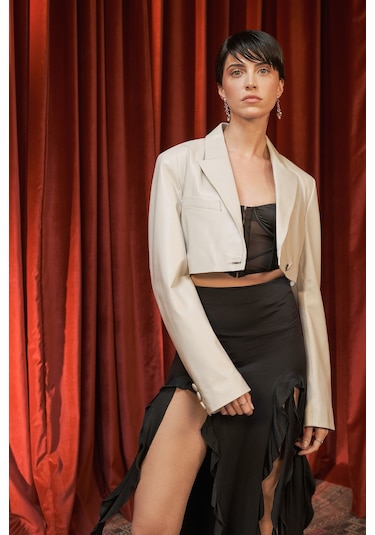 Dericlub Jasmine Kadın Crop Blazer Hakiki Deri Ceket Bej Null Bej