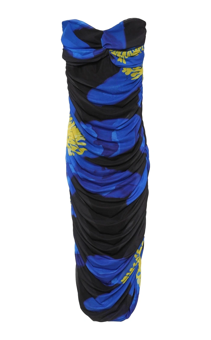 Olla Collection Straplez Desenli Midi Elbise Mavi Mavi