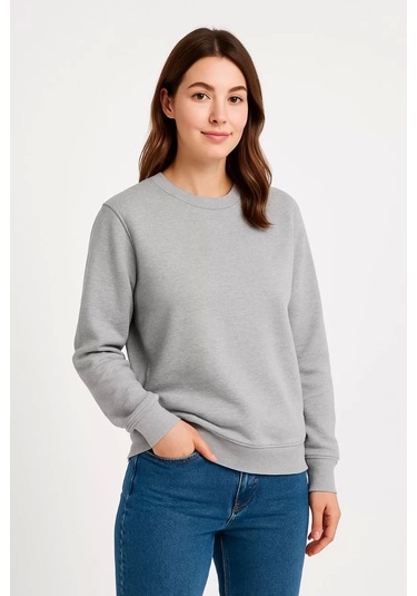 Kadın Üç İplik Düz Bisiklet Yaka Sweatshirt - Gri Gri