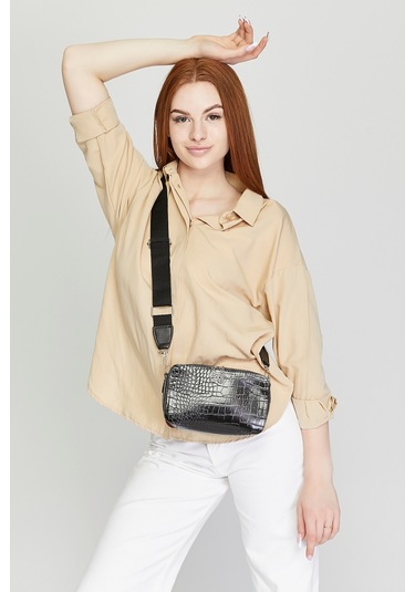 Morpelikan Siyah Kroko İki Bölmeli Kadın Omuz Çantası Siyah