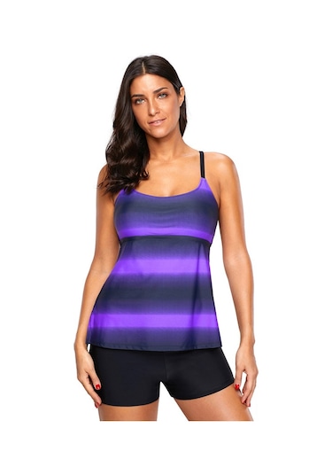 Mufunye Büyük Beden Tankini Mayosu - Mor Renkli Gradyan Desenli, Hafif Ve Dayanıklı, 3xl, Outdoor Aktivitelere İdeal, Toptan Satış Diğer