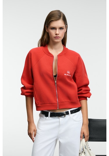 Grımelange Yasvell Kadın Metal Fermuarlı Çift Cepli Nakış Detaylı Balon Kollu Bomber Kırmızı Ceket Kırmızı