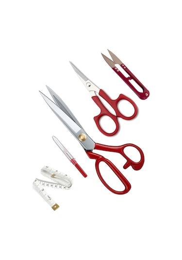 Kırmızı Saplı Profesyonel Paslanmaz Çelik Terzi Makası Set 10 Inç - 25CM Uzunluk