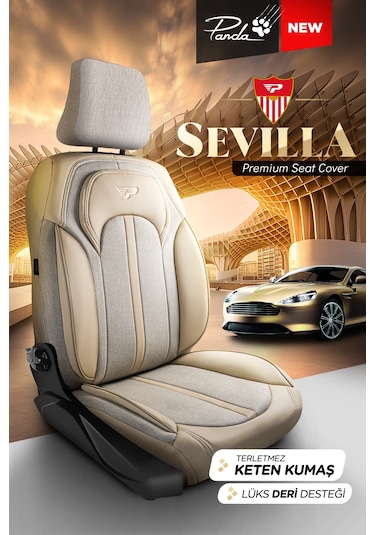 Bej - Bej Panda Sevılla Serısı Keten Kumaş Oto Koltuk Kılıfı - Tam Set