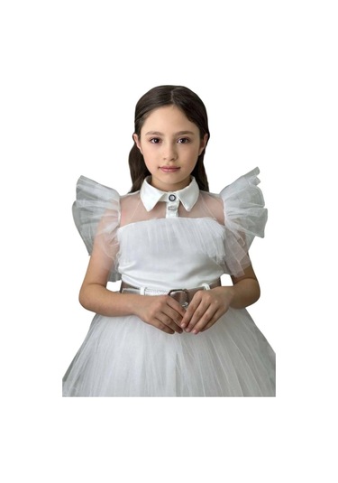 Ricctarz Kız Çocuk Gömlek Yaka Göğsü Ve Kolları Tül Detaylı Wednesday Beyaz Elbise Beyaz