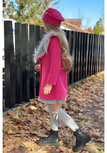 Riccotarz Kız Çocuk Yakası Kürk Ve Yonca Detaylı Etekli Fuşya Kaşe Fuşya