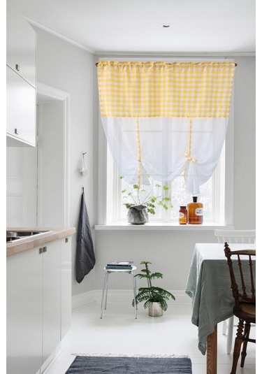 Naturel Potlu Ekose Tül Perde Retro Sarı