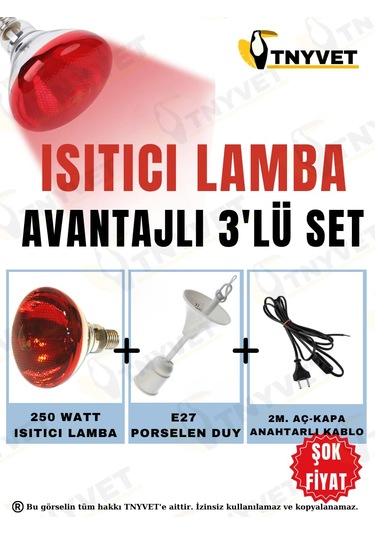 Tnyvet Isıtıcı Lamba 250 Watt + E27 Seramik Duy+2m Fişli Kablo Av