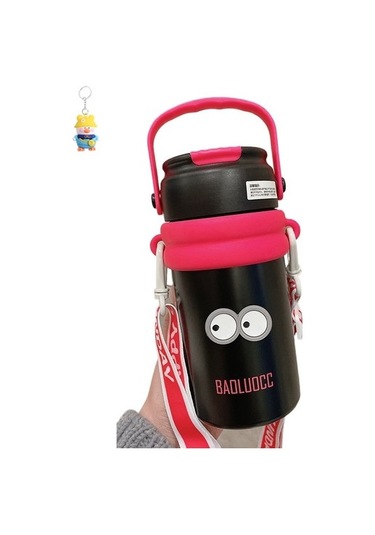 Runxi Life Hall Çay Ve Su Ayırma Termos Bardağı, Büyük Kapasiteli Kız Çay Ayırıcı Pipetli Su Bardağı, Taşınabilir Kayışlı Çiçek Çay Bardağı 1u3xm0 Siyah