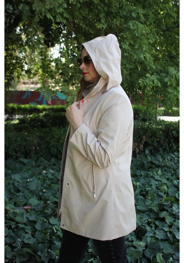 1616 Fermuarlı Cep Detaylı Kapuşonlu Bondit Ceket Açık Kapiçino Cappuccino