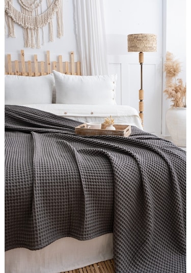 - % 100 Pamuk Çift Kişilik Pike - 210 X 230 Cm Pike - Waffle Pike Siyah