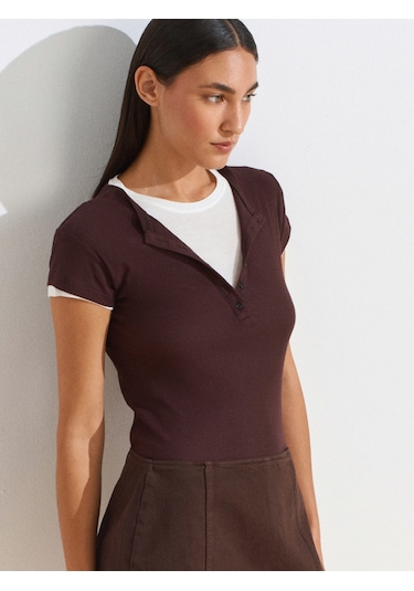 Dilvin 31783 Çift Katlı Düğmeli T-shirt-kahve Kahve