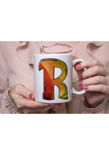 R Harf Yaprak Renkleri İle Kupa Bardak - Kişiye Özel Alfabe Harfli Bardak - Hediye Beyaz