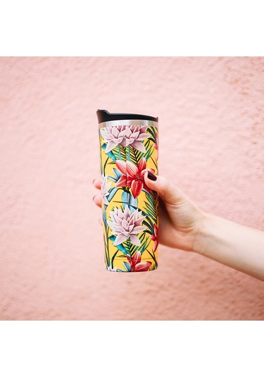 Qwetch QM6015 Tropik Çiçek Desenli Isı Yalıtımlı 470 ML Termos Mug- Sarı
