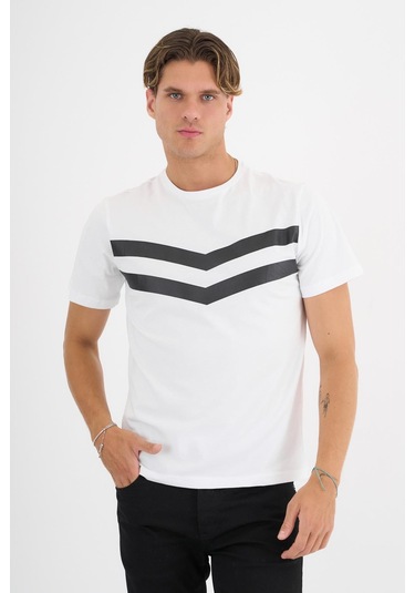Erkek Beyaz Baskılı %100 Pamuklu Standart Kalıp T-sihrt Beyaz