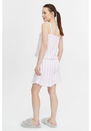 Bella Dossi Askılı Rahat Pamuklu Çizgili Kumaştan Fırfır Detaylı Şortlu Kadın Pijama Takımı Pembe/beyaz Pembe