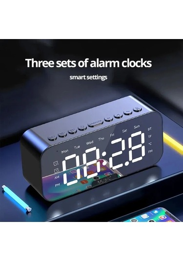Zilinn Bluetooth'lu Led Dijital Çalar Saat, Hoparlör Ayna Yatak Odası Ofis Dekoru Masa Ekranı Sıcaklık Fm Radyo Siyah-91 Çok Renki