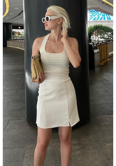 Madmext Beyaz Yüksek Bel Önden Yırtmaçlı Kısa Etek Mg2086 Beyaz