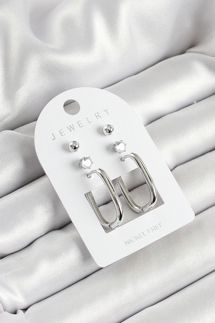 Dodes Dodes Pirinç Zirkon Taş Ve Dikdörtgen Figürlü Gümüş Renk 3'lü Çift Kadın Küpe Set Tg27bkp10645 Çok Renkli