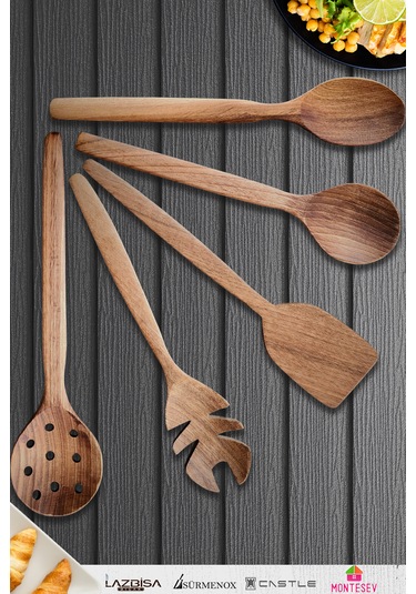 Doğal Ceviz Ağacı Ahşap Tahta Kaşık Seti Ağaç Kaşık 5li Set 15 Ahşap