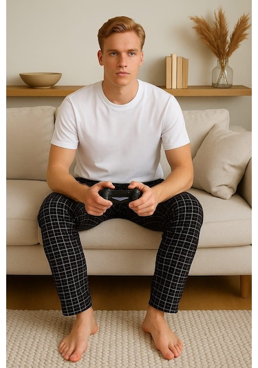 Erkek Desenli Cepli % 100 Pamuk Tek Alt Siyah Siyah