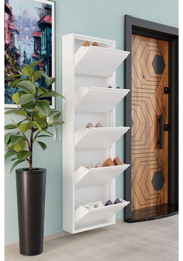 5 Kapaklı Metal Ayakkabılık Beyaz Beyaz