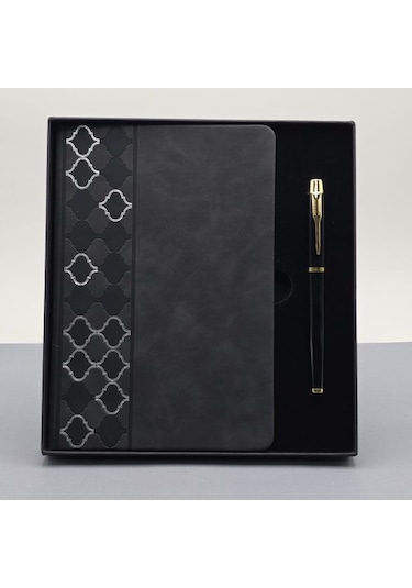 Desenli Siyah Deri Defter Kalem Set