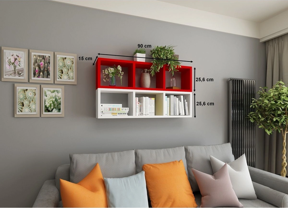 Kitaplık Duvar Rafı Mobilya Ikili Renkli Takım Kırmızı Beyaz Kırmızı-beyaz