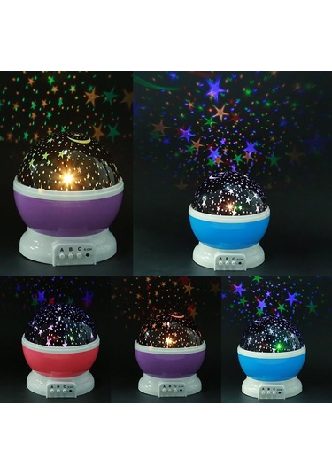 Renkli Ay Yıldız Tavan Yansıtma Pilli Led Gece Lambası Gökyüzü Projeksiyonlu Dönen Küre Siyah