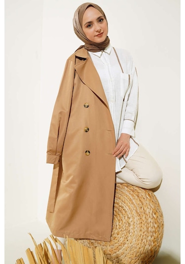 Bigdart T5853 Kruvaze Yaka Tesettür Trençkot - Taba 001