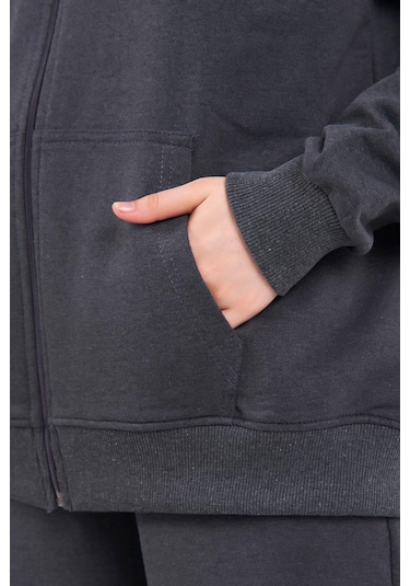 Kadın Antrasit Normal Kalıp Basic Beli Lastikli Kapüşonlu Oversize Mevsimlik Alt Üst Eşofman Takımı Cmre7367 Antrasit