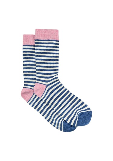 Kadın Krem-mavi Çizgili Soket Çorap Mavi
