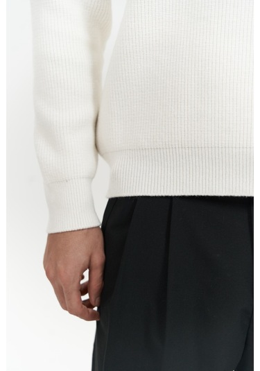 Oberon Polo Yaka Yarım Fermuarlı Ekru Erkek Triko Kazak Ekru