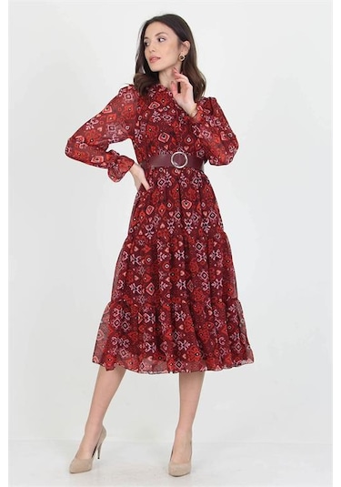 Neşeli Butik Kadın Kemerli Yakası Bağlama Detaylı Desenli Şifon Elbise Rssn02 Bordo