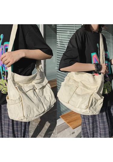 Xianwen Büyük Tuval Messenger Çantası Çok Cepli Hobo Çapraz Beyaz