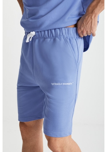 GRIMELANGE Colombıa Erkek 2'li Set Comfort Fit Rahat Kalıp Yazı Nakışlı Şardonsuz Mavi Eşofman Takımı Mavi