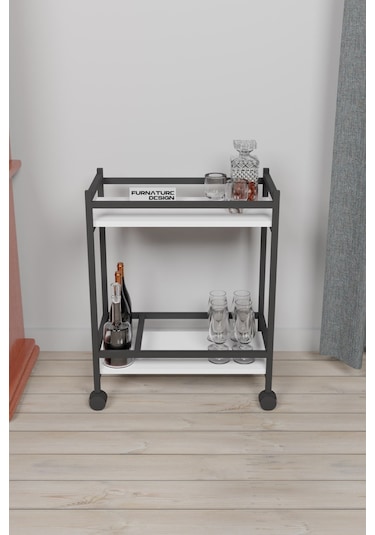 Servis Sunum Arabası Ev Tipi İki Katlı Şişe Bölmeli Servant Beyaz