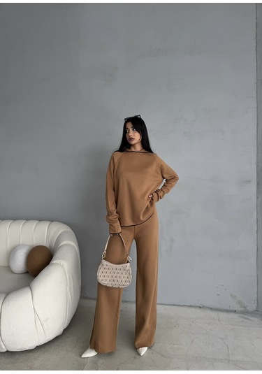 Kadın Kapüşonlu Çizgi Detaylı Triko Alt-üst Takım Camel
