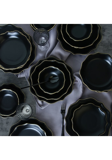 Keramika Mat Siyah Gold Fileli Romeo Yemek Takımı 24 Parça 6 Kişilik