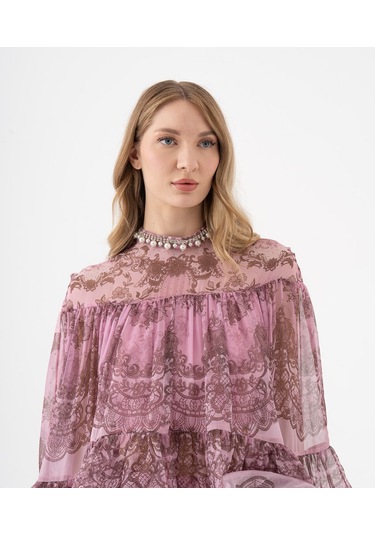 Dantel Desenli Katlı Şifon Volanlı Bluz Mor